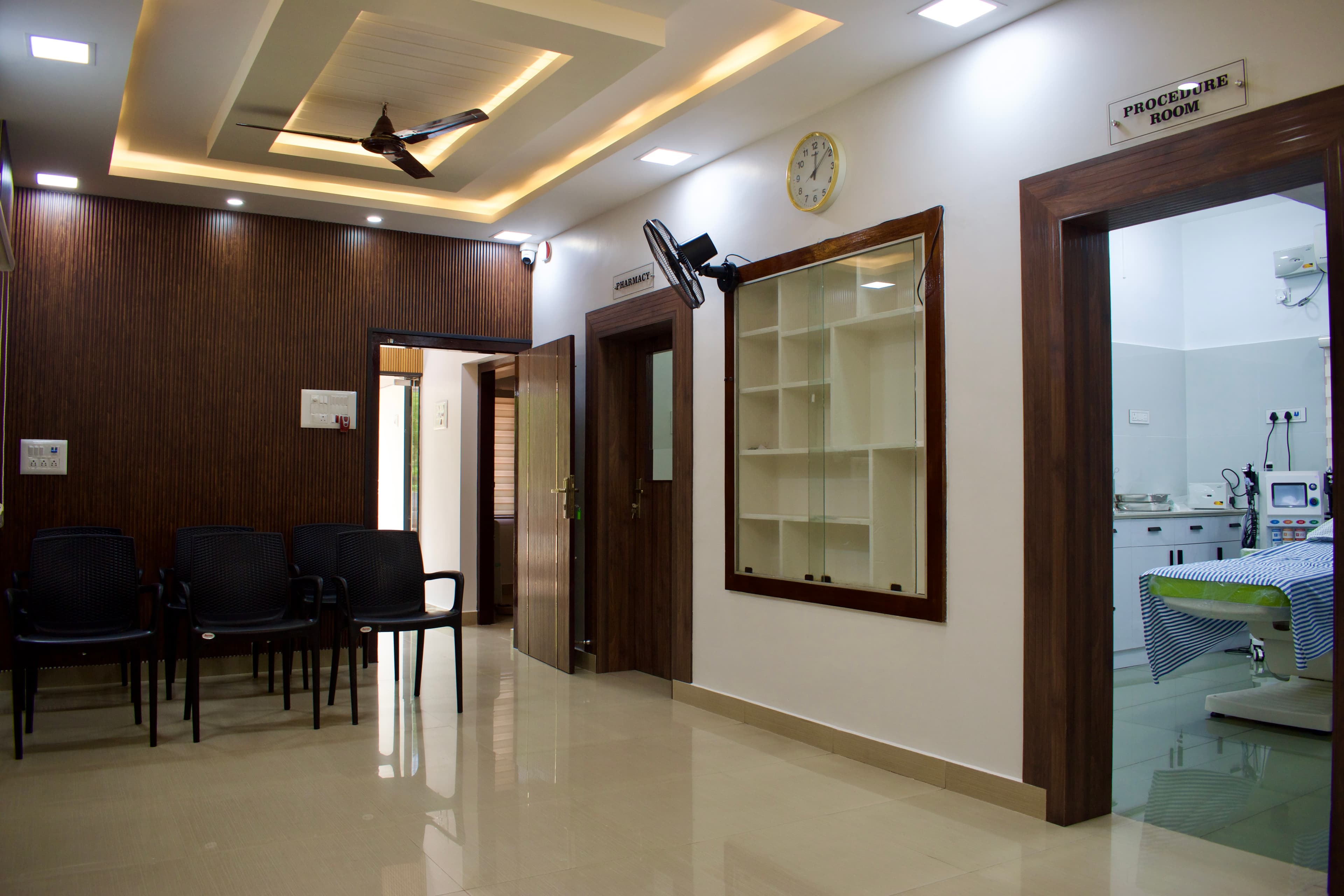 Waiting area and procedure room at Ann Santhosh Skin Clinic